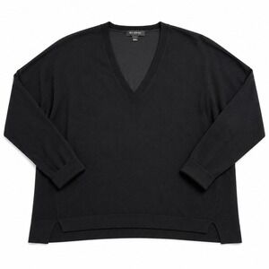 St. John Black V-Neck Mixed Media Oversized Sweater Sheer Back Panel Large